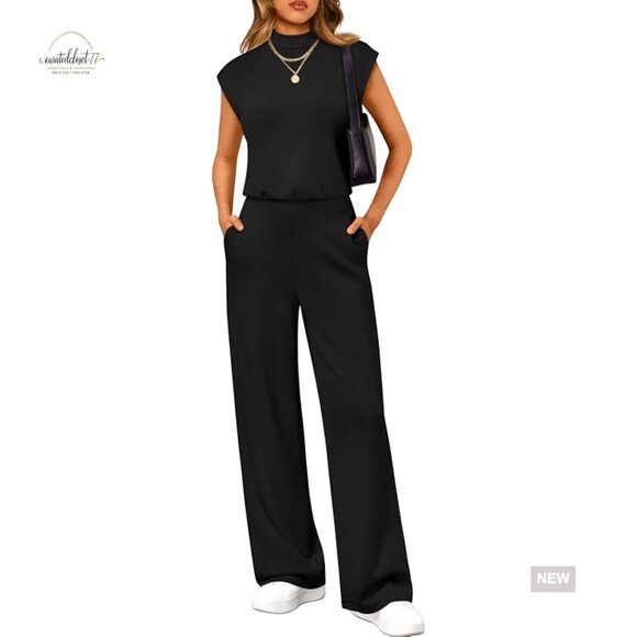 Large Wide Leg Jumpsuit with Pockets Mock Neck Cap Sleeve Summer